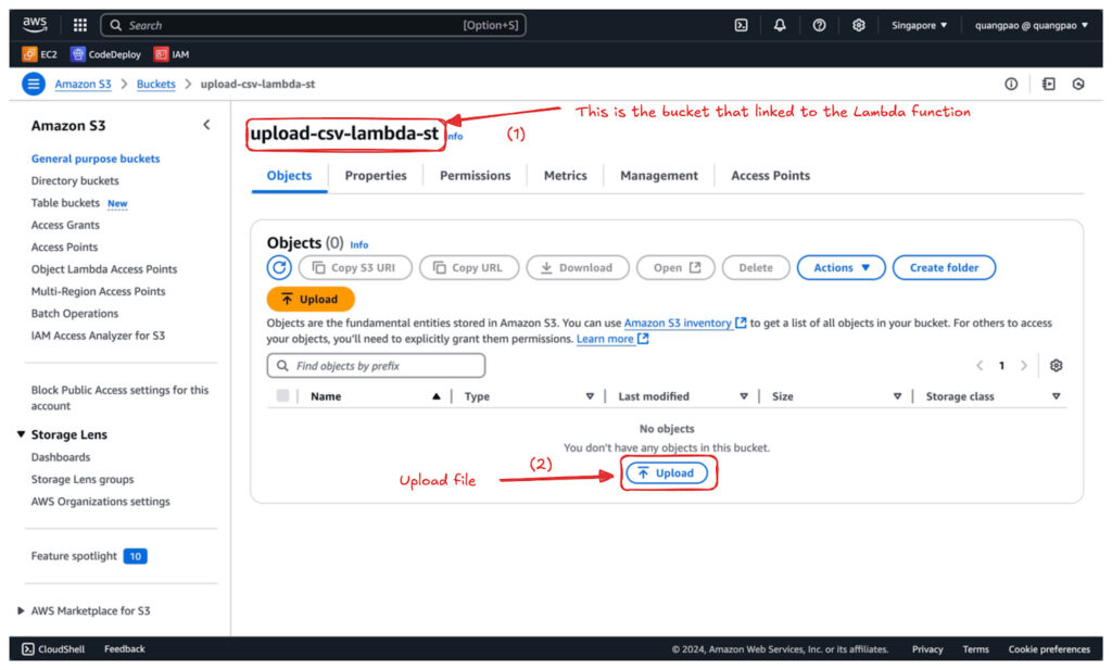 Navigate to the S3 Console, choose the bucket you linked to the Lambda Function