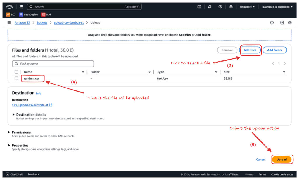 Upload a random.csv file to the bucket