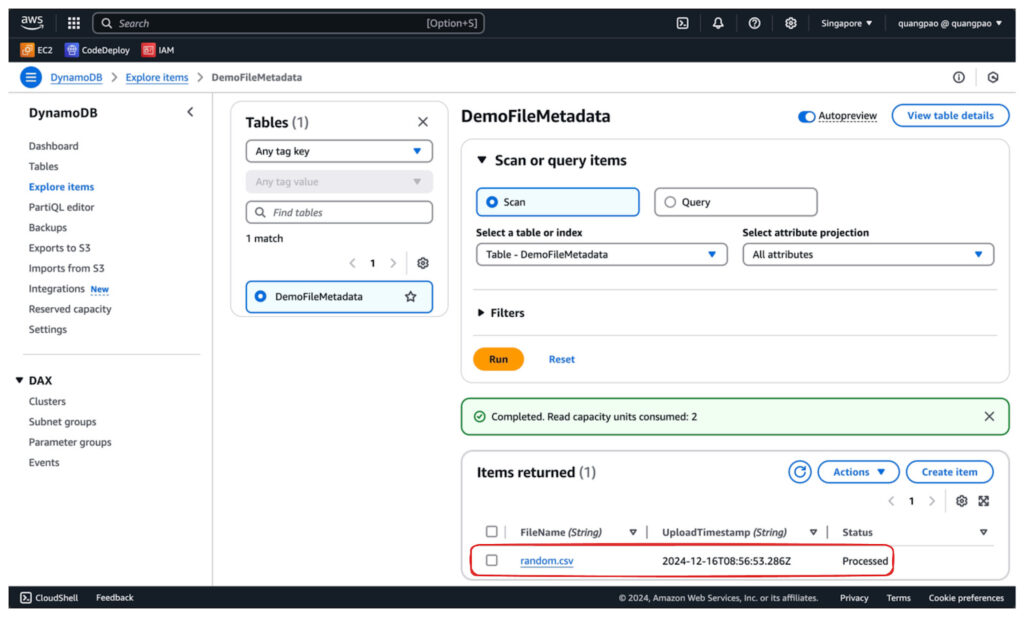 Check the result: DynamoDB Table Entry