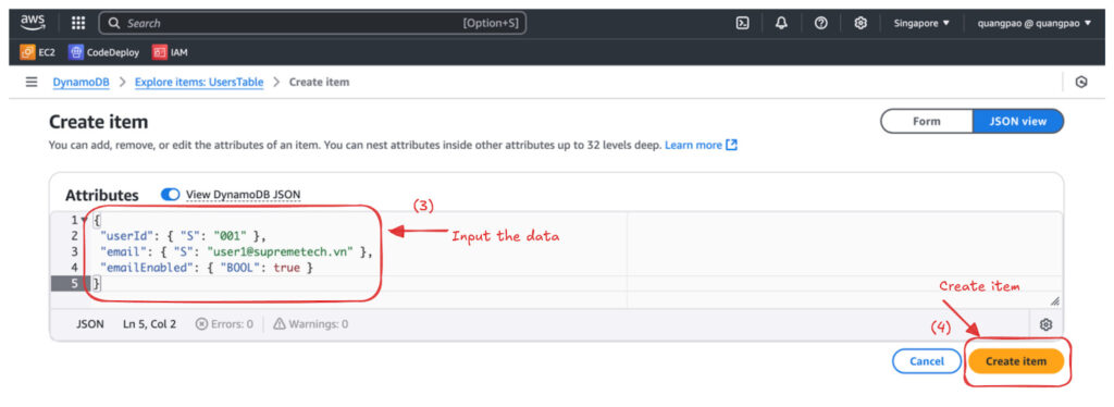 Input the data and create item to submit