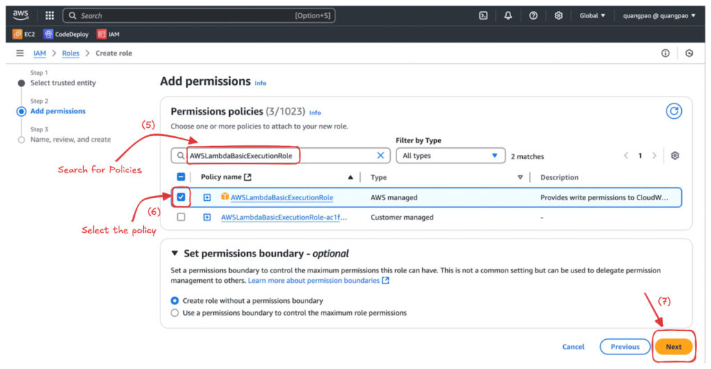 Attach policies for AWS lambda