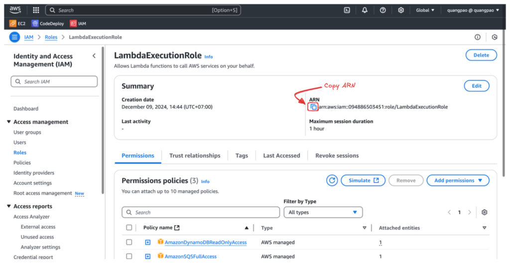 copy its ARN (Amazon Resource Name) when creating the Lambda function